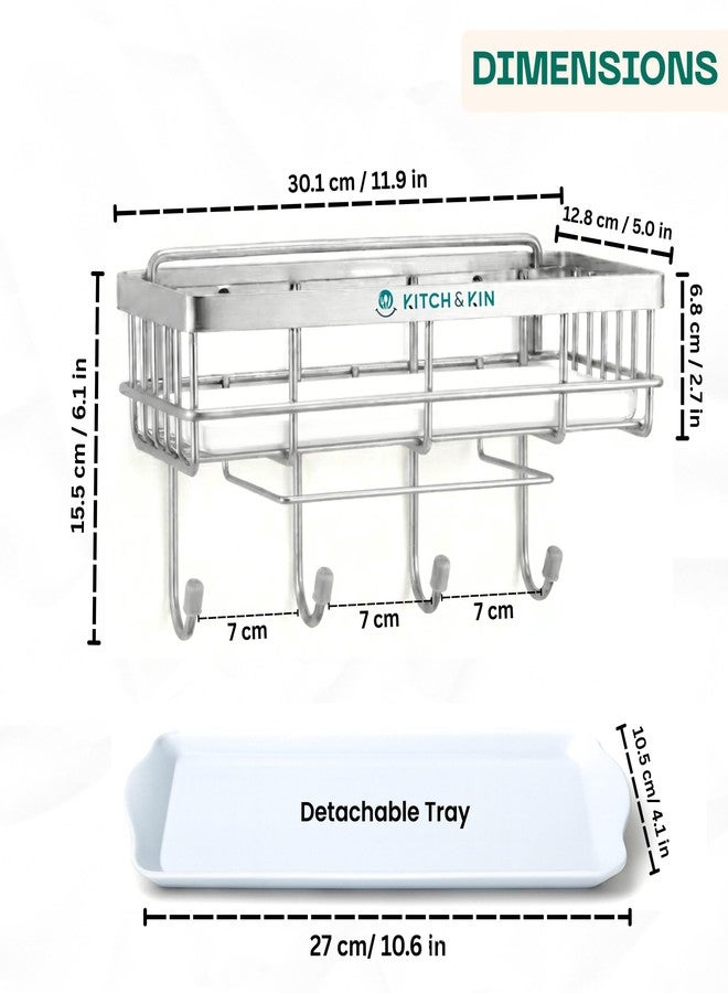 KITCH & KIN Stainless Steel Kitchen & Washroom Sink Organiser with Hooks and Drain Tray - Wall Mount Soap Stand, Sponge Holder and Adhesive Storage Rack for Cleaning Essentials - Image 2